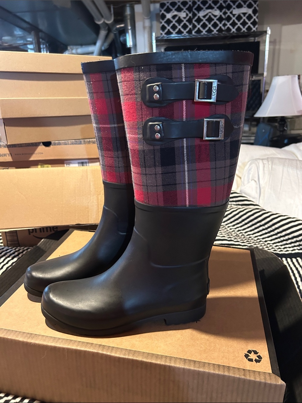 UGG Women's Black Rubber & Red Plaid Tall Rain Boots with Buckles